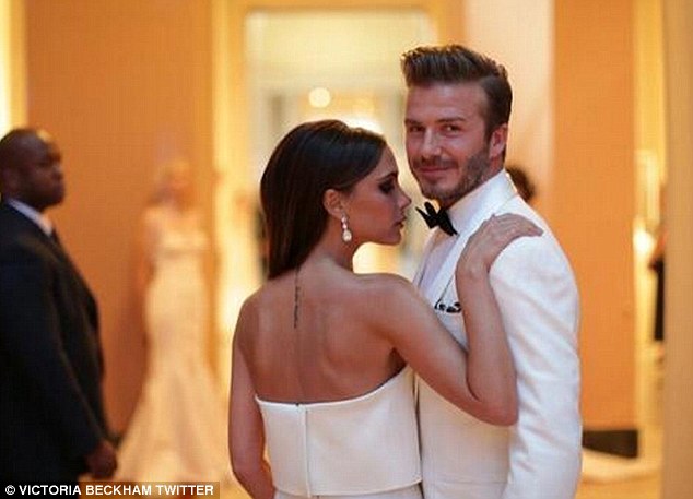 Romantic: Victoria and David Beckham leaving for New York's prestigious Met Gala last night. Fashion designer Victoria tweeted the picture with the note : 'So proud to share such a great evening with my wonderful husband x vb #MetGala #CharlesJames'