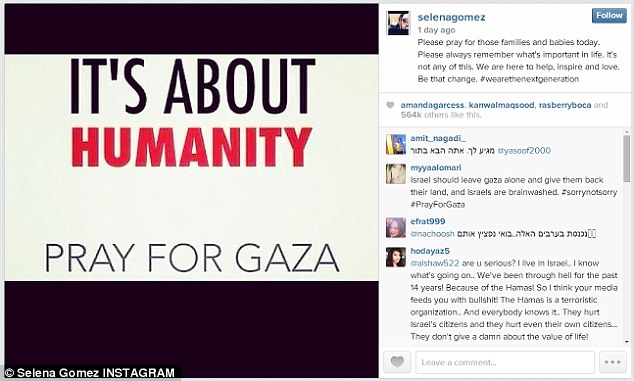 'I am not picking any sides': On Friday, Selena angered her Israeli fans by posting a 'Pray for Gaza' Instagram sympathizing with the reported 300 Palestinians killed (including 80 children) this week