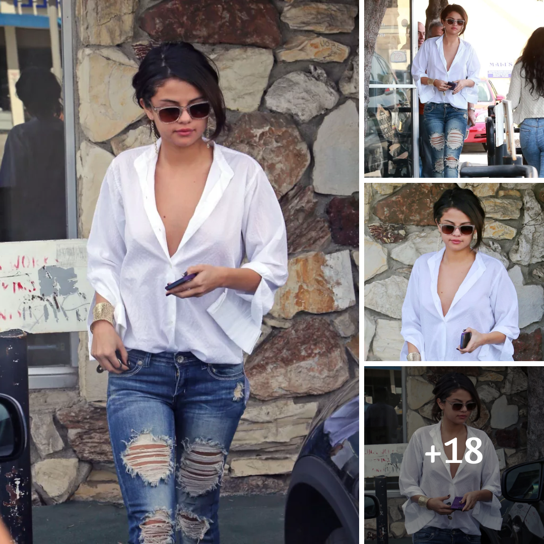 Selena Gomez looking tempting in white shirt and ribbed jeans