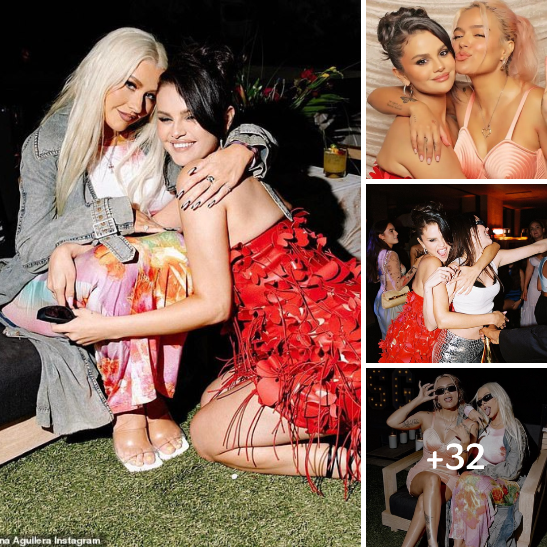 Christina Aguilera poses with Selena Gomez and Karol G at Selena’s star-studded 31st birthday bash