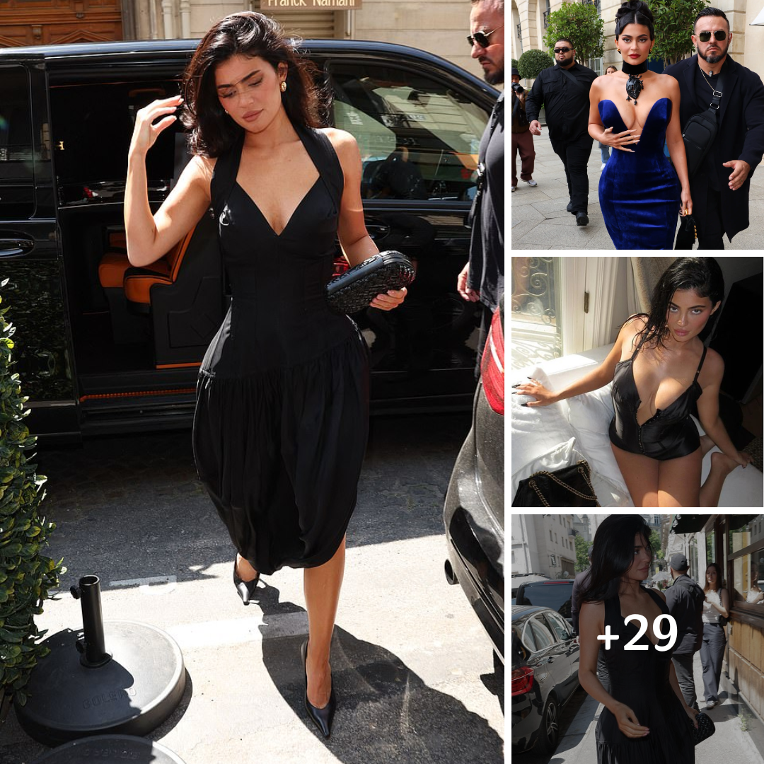 Kylie Jenner puts on a busty display in a 1950s style black dress in Paris