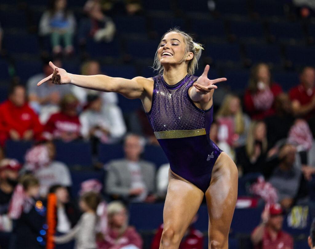 March 18, 2023: LSU's Olivia Dunne practices her floor routine prior to the 2023 SEC Gymnastics Championships at the Gas South Arena in Duluth, GA Kyle Okita/CSM(Credit Image: © Kyle Okita/Cal Sport Media) Newscom/(Mega Agency TagID: csmphotothree066728.jpg) [Photo via Mega Agency]