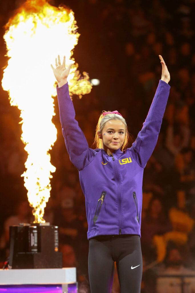 February 05, 2022: LSU's Olivia Dunne is introduced prior to NCAA Gymnastics action between the Auburn Tigers and the LSU Tigers at the Pete Maravich Assembly Center in Baton Rouge, LA. Jonathan Mailhes/CSM(Credit Image: © Jonathan Mailhes/Cal Sport Media) Newscom/(Mega Agency TagID: csmphototwo864831.jpg) [Photo via Mega Agency]