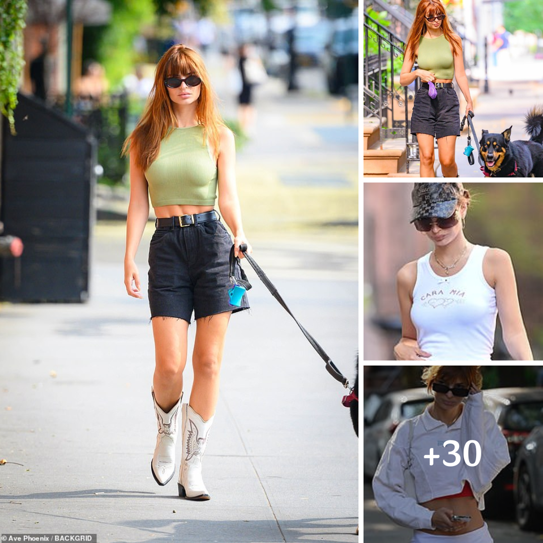 Emily Ratajkowski flashes her toned abs in mint green crop top with high-waisted shorts and cowboy boots for outing in NYC