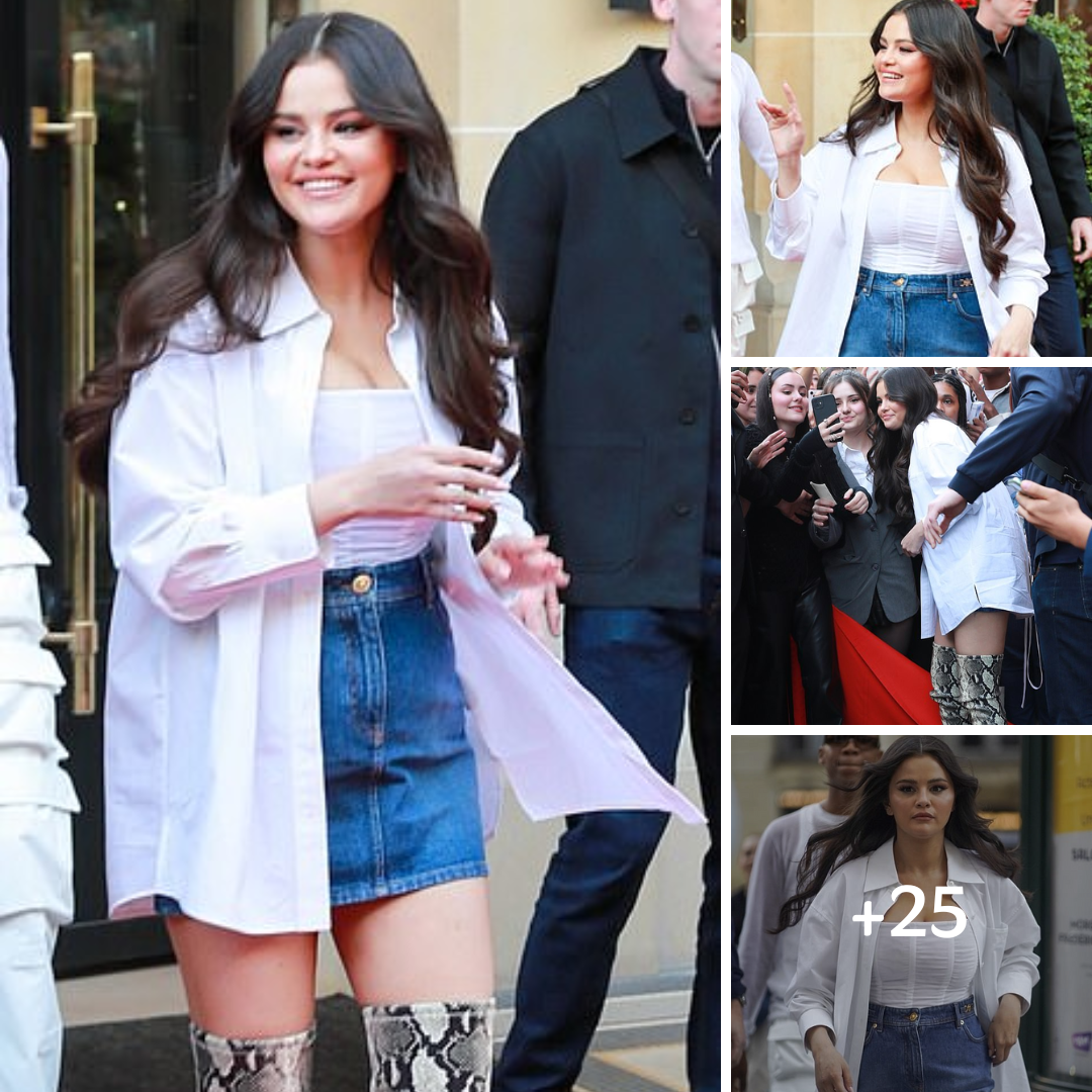 Selena Gomez puts on a stylish display in white corset top and denim miniskirt teamed with snakeskin boots as she steps out in Paris