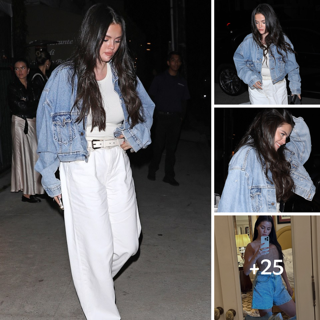 Selena Gomez rocks white jeans and a denim jacket as she steps out for dinner at Giorgio Baldi in Los Angeles