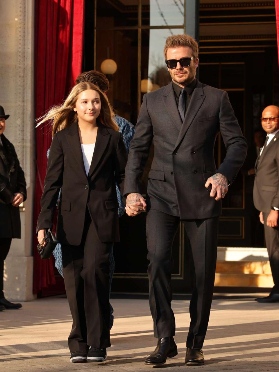 David Beckham & Daughter Harper Wear Matching Black Suits in Paris