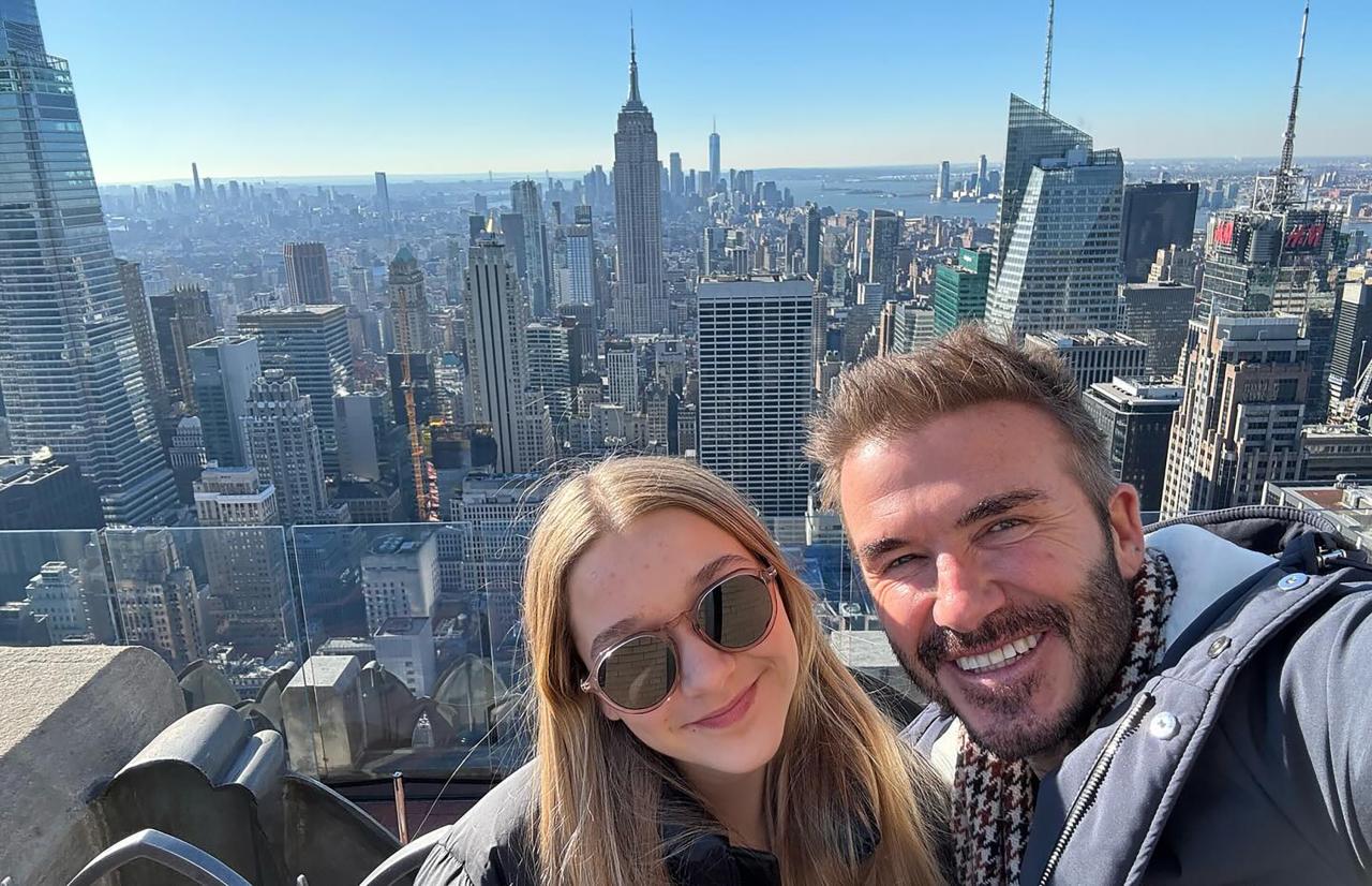 David Beckham beams with daughter Harper 850ft up in air in New York as  they recreate iconic image of workers on girder | The Sun