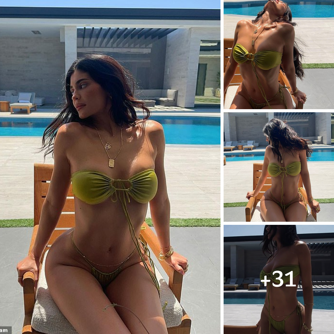 Kylie Jenner showcases her summer-ready body in a green bikini during a pool day