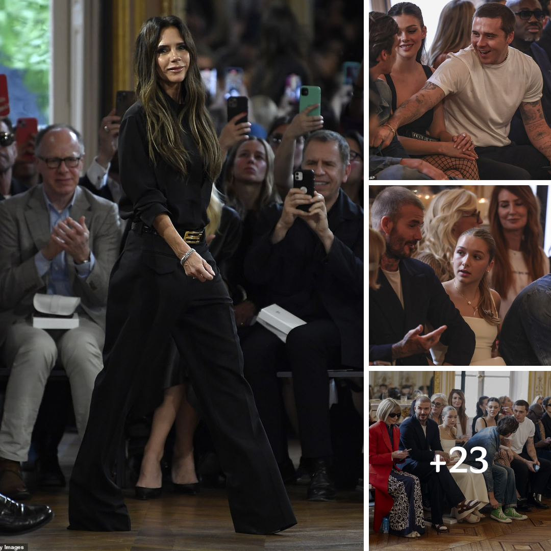 Victoria Beckham dons chic black ensemble and beams with pride while receiving rapturous applause from husband David, daughter Harper and sons Brooklyn and Cruz at her Paris Fashion Week show ‎