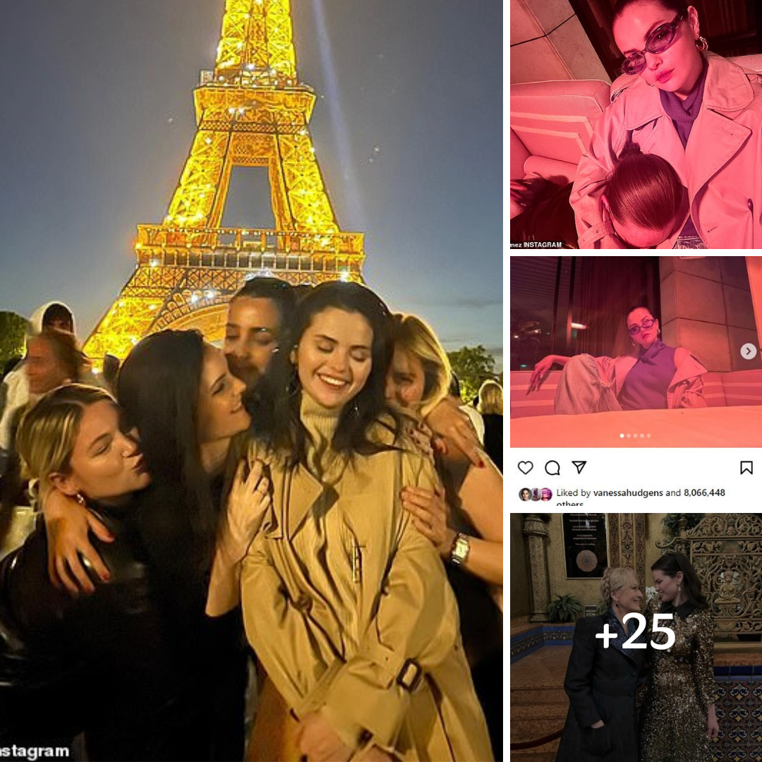 Selena Gomez poses with friends in front of Eiffel Tower during night out in Paris