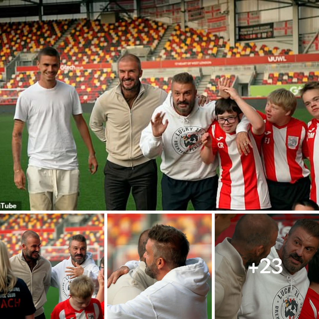 David Beckham embraces Unsung Heroes award winner Allan Cockram during surprise visit with son Romeo after he set up football team for children with Down’s syndrome ‎