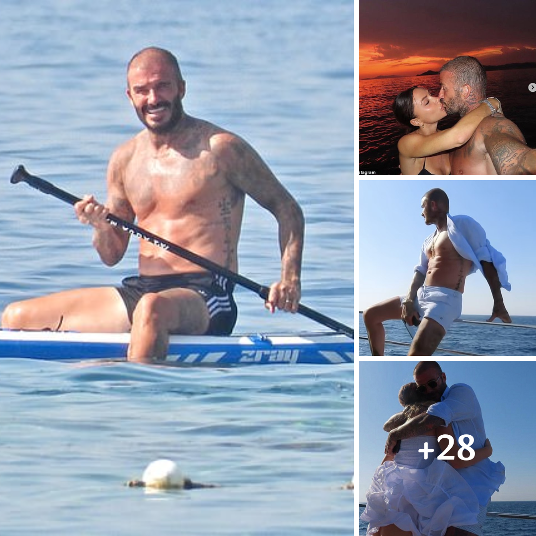 David Beckham shows off his muscular frame as he goes shirtless while paddleboarding before packing on the PDA with wife Victoria in Croatia