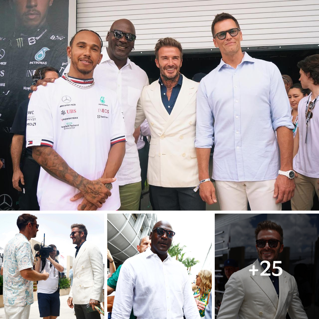 Lewis Hamilton poses with David Beckham, Tom Brady and Michael Jordan as US sporting royalty flock to F1’s Miami GP