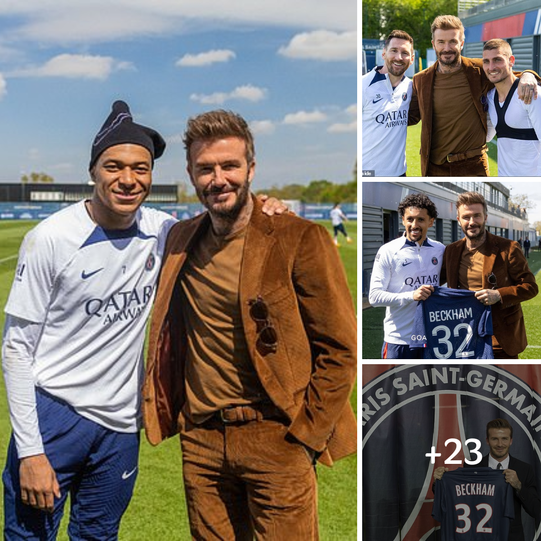 David Beckham poses with Lionel Messi and Kylian Mbappe as he returns to PSG