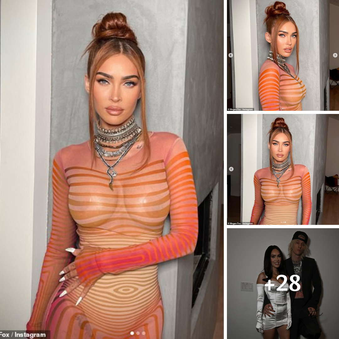 Megan Fox puts on a racy display in a sheer orange dress as she flaunts her ample assets in sultry new snaps