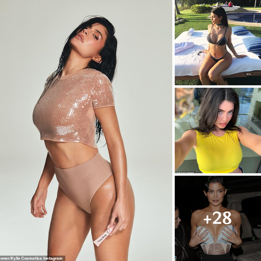 Kylie Jenner strikes a sultry pose as she shows off her midriff in a sequin crop top and nude underwear while promoting new Kylie Cosmetics drop