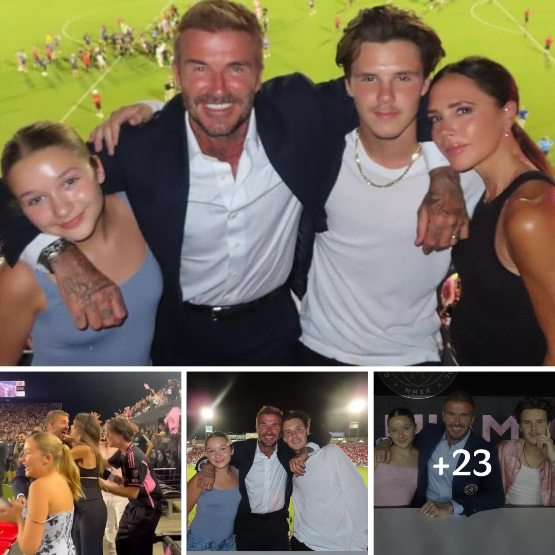 David Beckham is supported by wife Victoria and children Cruz and Harper as they watch Lionel Messi his resurgent Inter Miami side win on penalties against FC Dallas