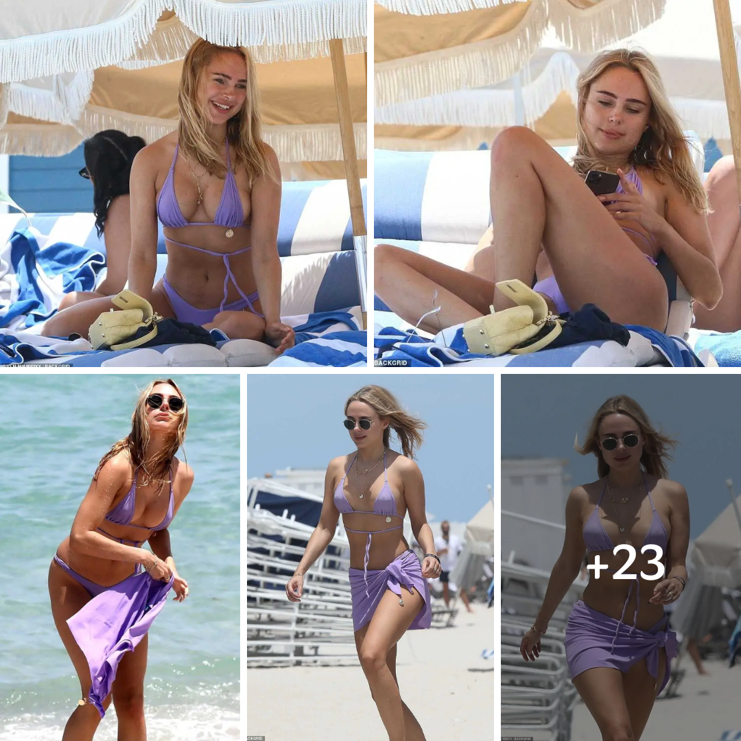 Kimberley Garner Shows Off Her Flawless Figure In Tiny Purple Swim-suit