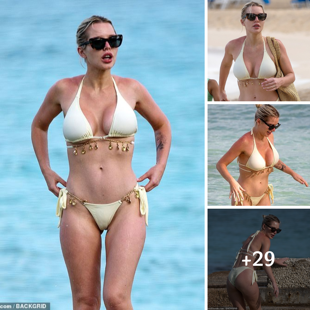 Helen Flanagan shows off her surgically-enhanced assets in a gold chain bikini as she holidays with her family in sun-soaked Barbados