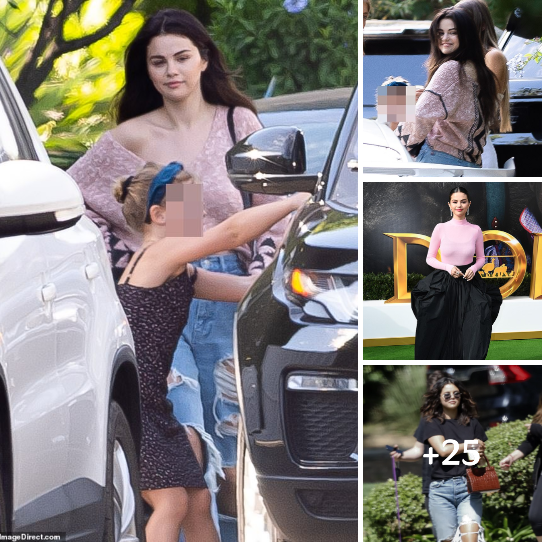 Selena Gomez shows some skin in an off the shoulder top and ripped jeans for a meet up with friends