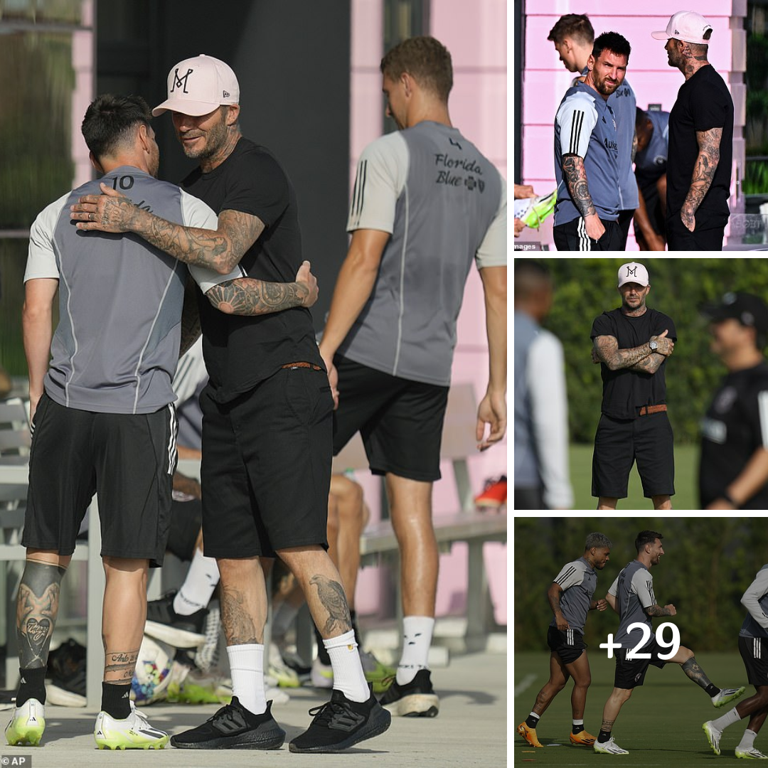 David Beckham keeps a close eye on Lionel Messi in Inter Miami training – as the pair share a hug ahead of his second game tomorrow night