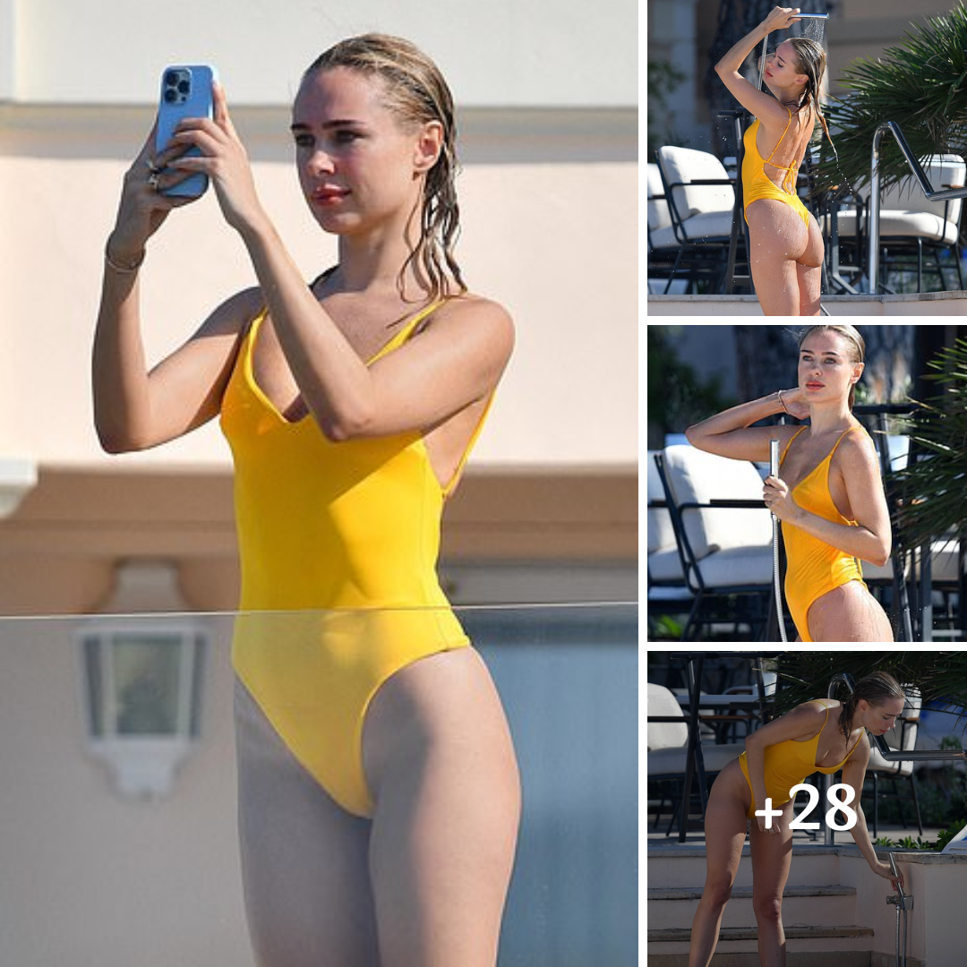 Kimberley Garner flaunts her peachy posterior in a plunging yellow swimsuit as she soaks up the sun in St Tropez