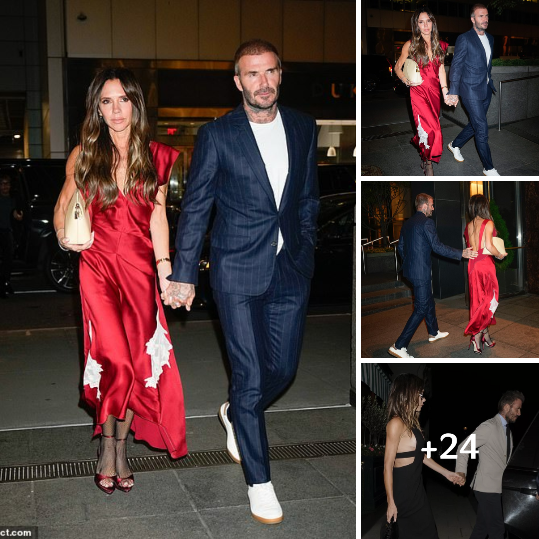 Victoria Beckham displays her impeccable sense of style in a red satin dress with white lace floral motifs as she walks hand-in-hand with husband David to dinner in New York