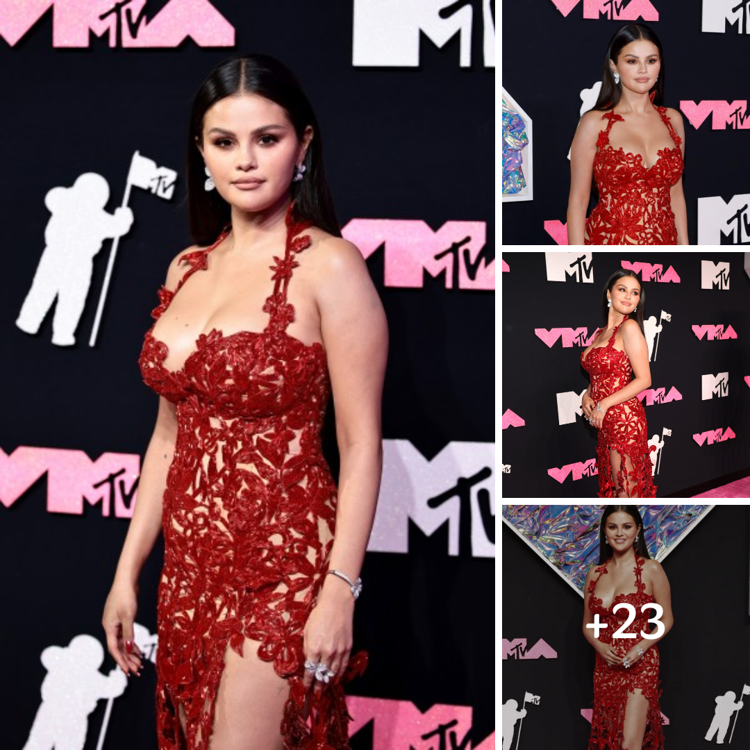 Selena Gomez Stuns on the 2023 VMAs Red Carpet in a Lacy Red Dress and Heels [Photos]