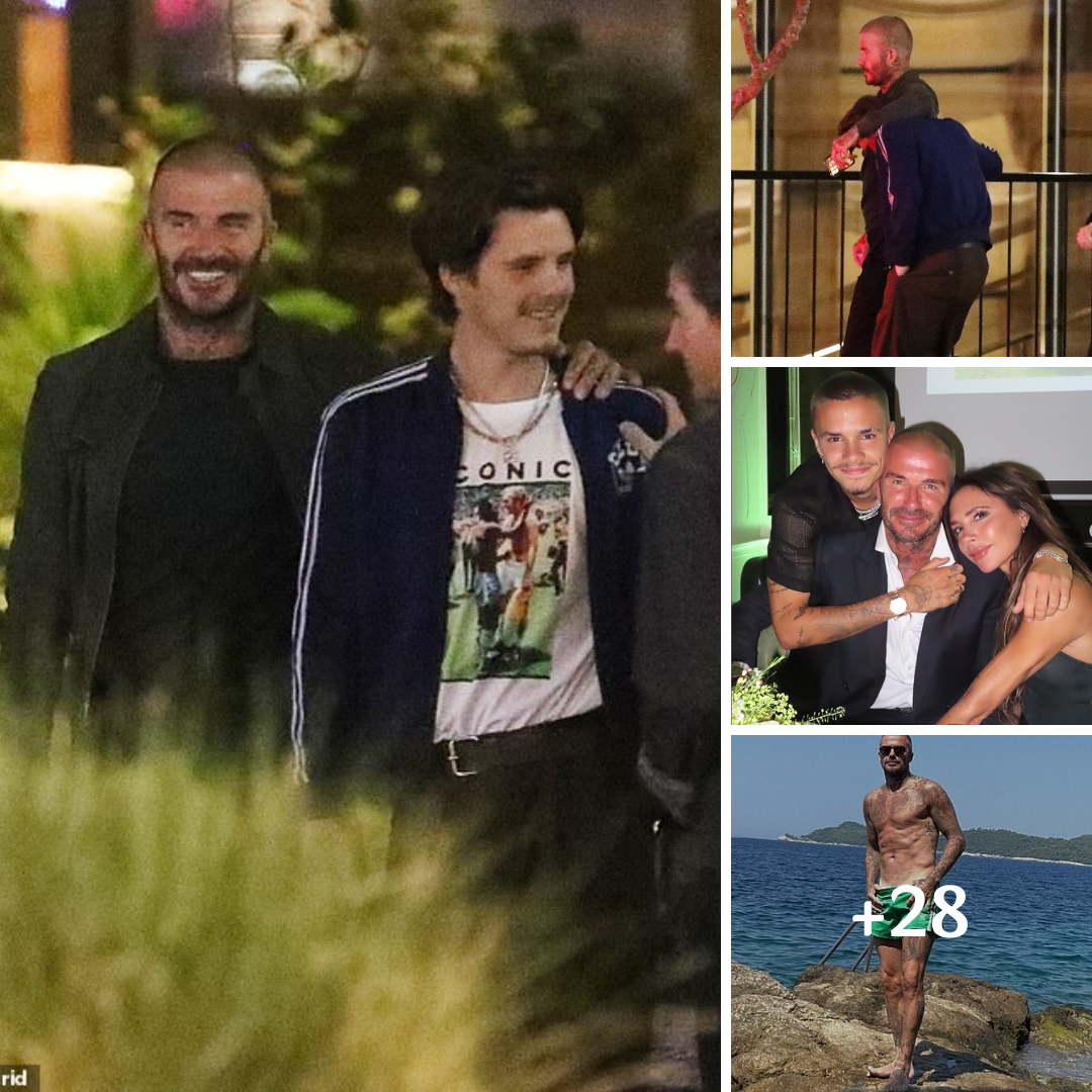 Jovial David Beckham puts his arm around son Romeo as they enjoy a dinner out with friends in West Hollywood