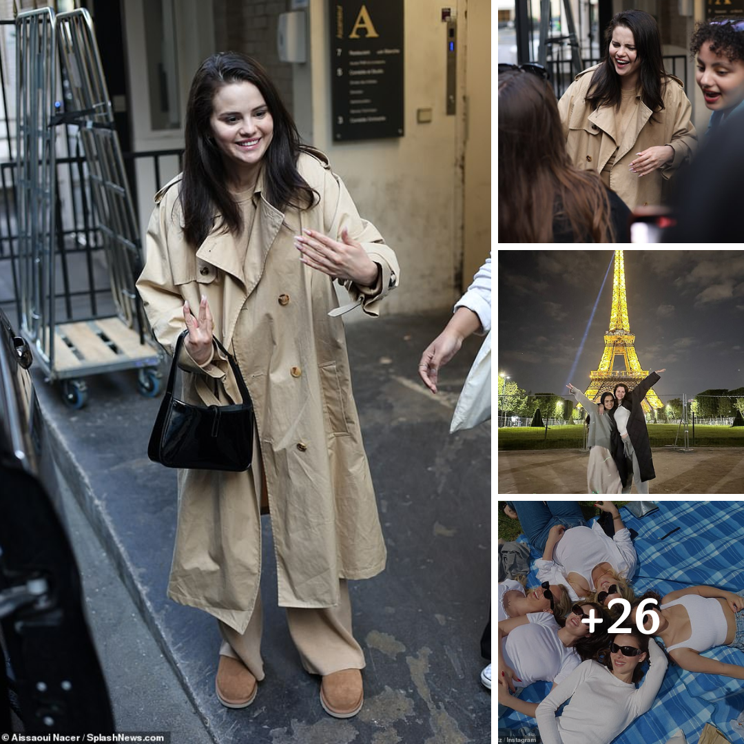 Selena Gomez exudes Parisian chic in a stylish trench coat as she cheerfully greets fans in France