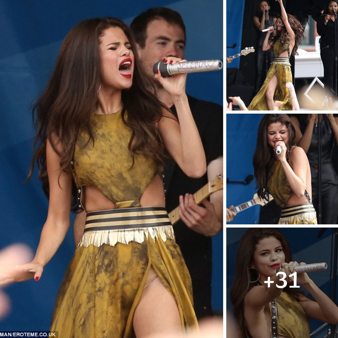 Selena Gomez exposes her flesh-coloured underwear in a sexy cut-out dress during performance at radio event