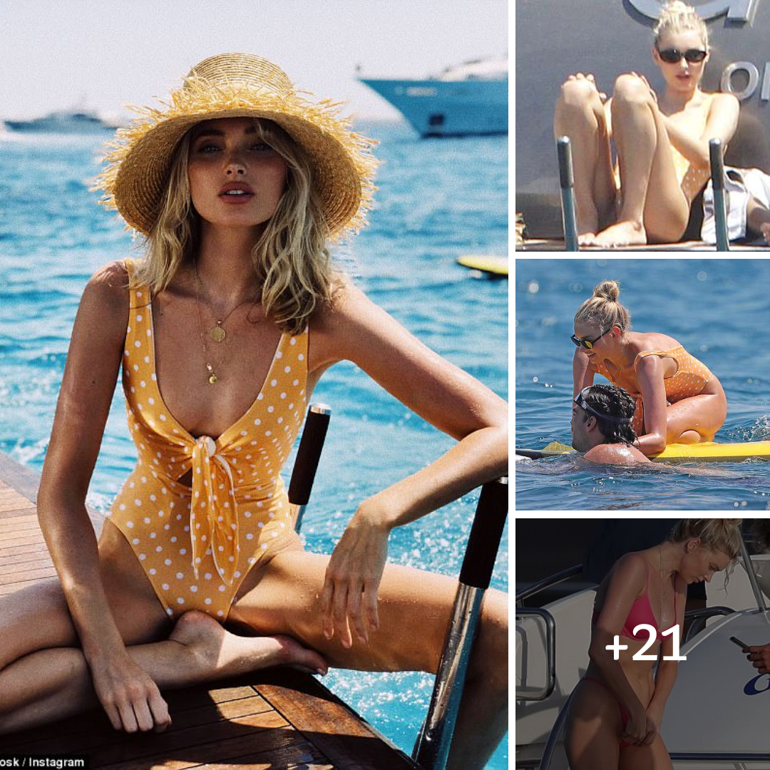 Elsa Hosk highlights her svelte frame in plunging polka dot swimsuit