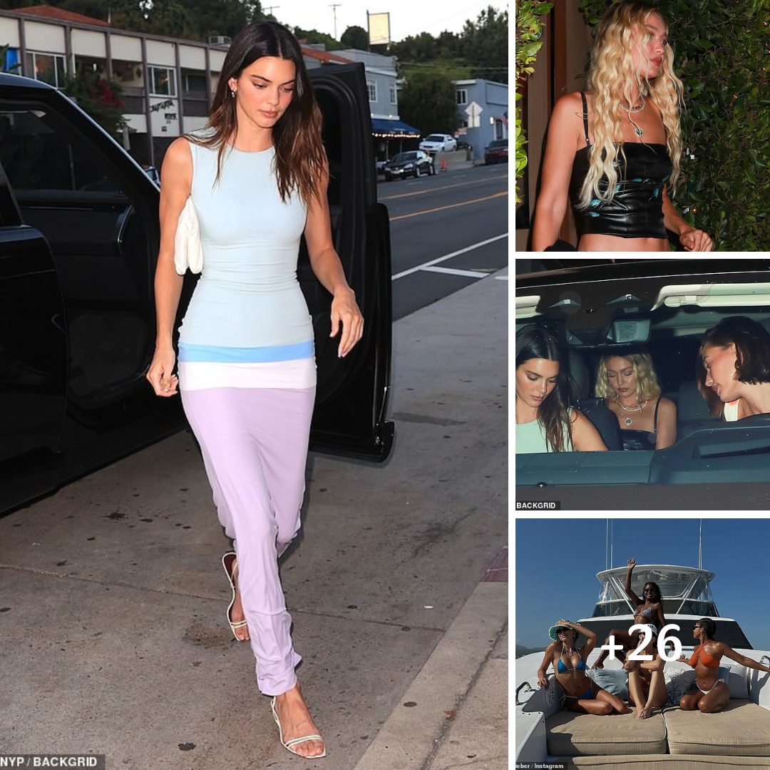 Kendall Jenner is sexy chic in a colorful skintight dress with stylish pals Hailey Bieber and Gigi Hadid for a girls’ night out in Santa Monica