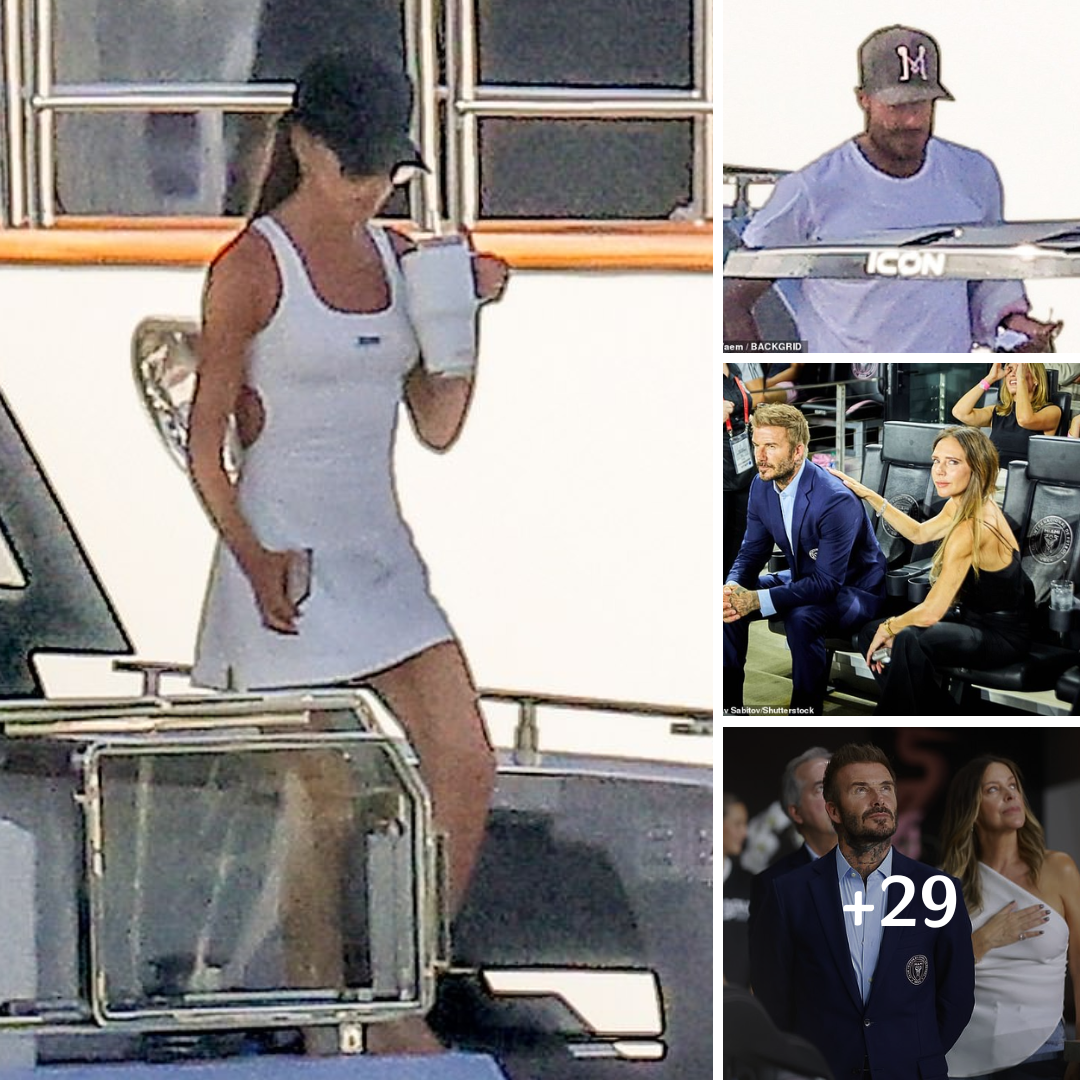 Victoria Beckham cuts a sporty figure in a white tennis dress as she and husband David depart their lavish £5 million superyacht with daughter Harper in Miami