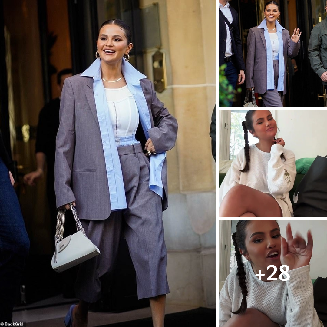 Selena Gomez looks chic in a gray suit with cropped pants as she heads to an event at the Bulgari hotel in Paris after confirming her dating status on TikTok