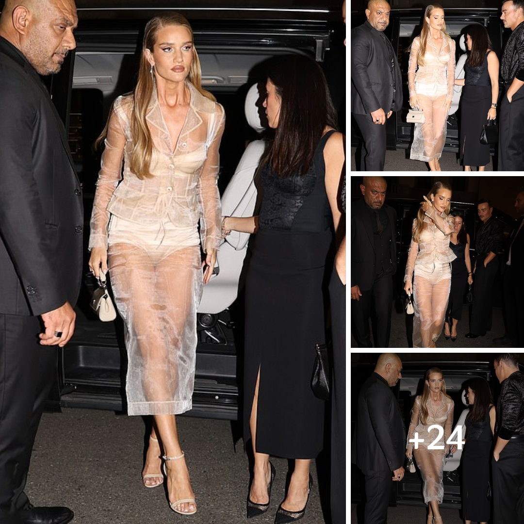 Rosie Huntington-Whiteley cuts a glamorous figure in a sheer blazer and skirt as she arrives at Dolce & Gabbana party during Milan Fashion Week