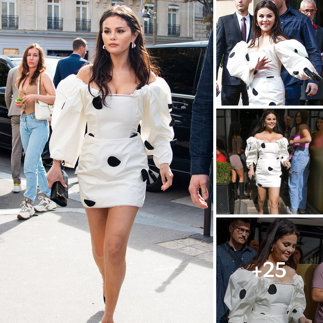 Selena Gomez stuns in a off-the-shoulder polka dot mini dress as she steps out during Paris Fashion Week ‎