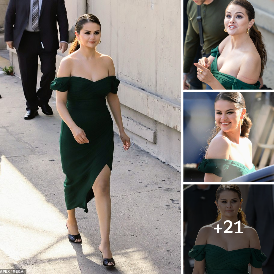 Selena Gomez wows in emerald green off-the-shoulder dress as she arrives to Jimmy Kimmel Live in LA