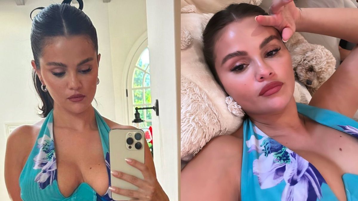 Selena Gomez Wears Plunging Blue Halter Top With Grey Pencil Skirt