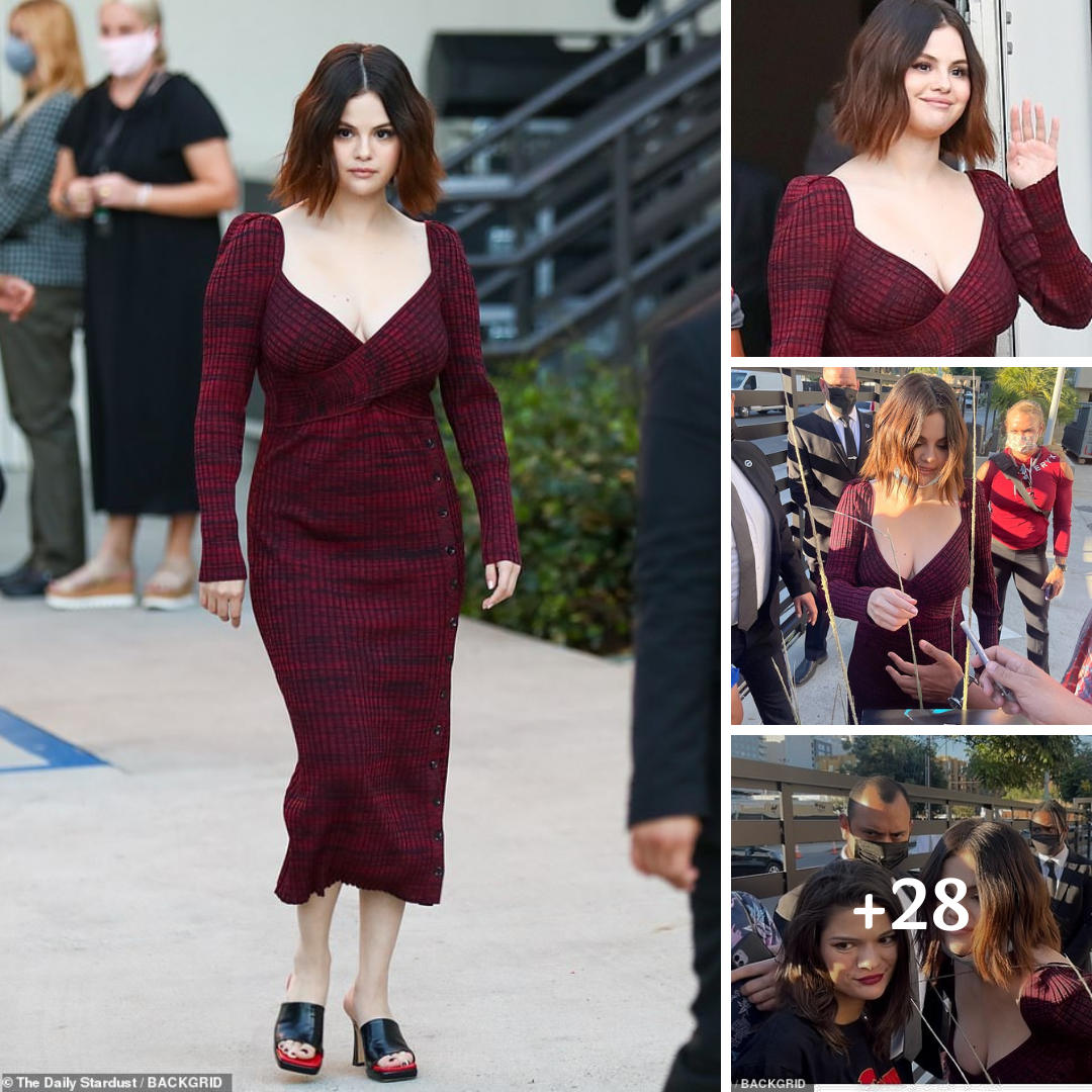 Selena Gomez looks busty in a bordeaux dress as she promotes Only Murders In the Building in LA