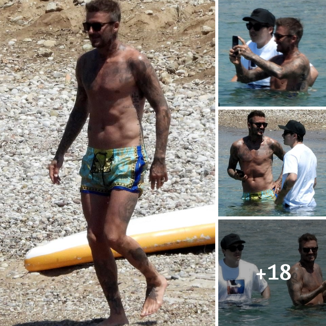 Shirtless David Beckham, enjoys beach day with sons Brooklyn, Romeo and Cruz in Greece