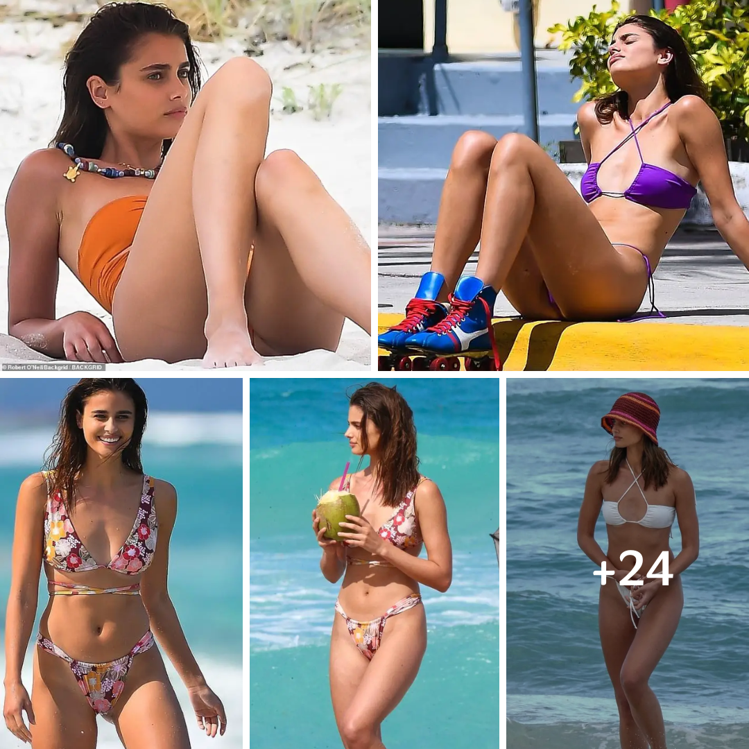 Taylor Hill shows off her supermodel figure in a number of sexy swimsuits during a beach photo shoot