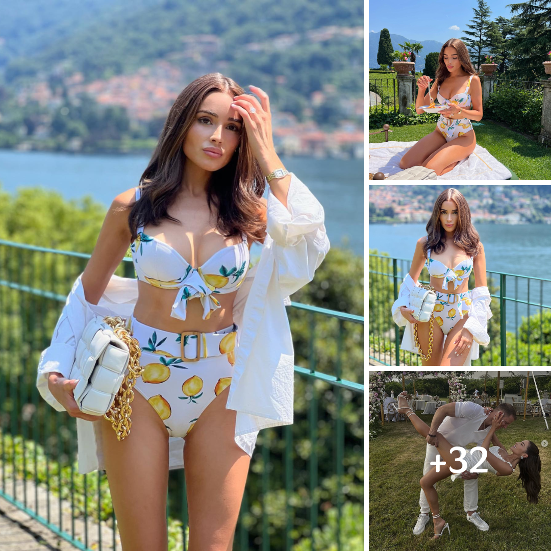 Olivia Culpo poses in a lemon-print bikini in Italy as she flashes her diamond ring