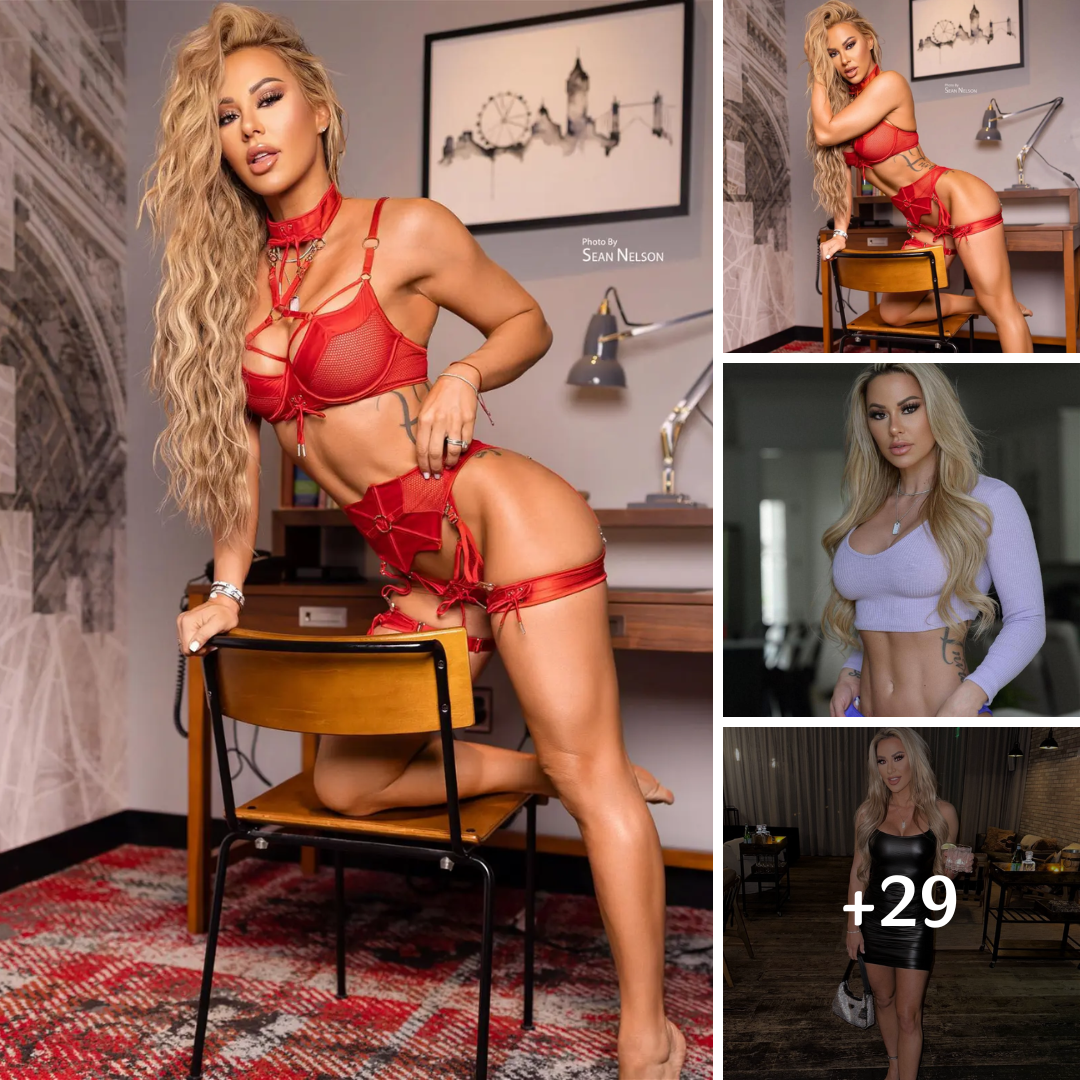 Kindly Myers Poses Barefoot In Her Office In Red Lingerie