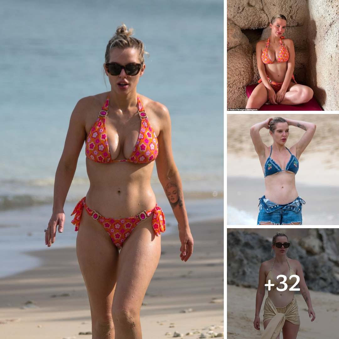 Helen Flanagan puts on a VERY busty display in a floral bikini after being ‘asked to leave a posh Barbados restaurant for turning up in swimwear’