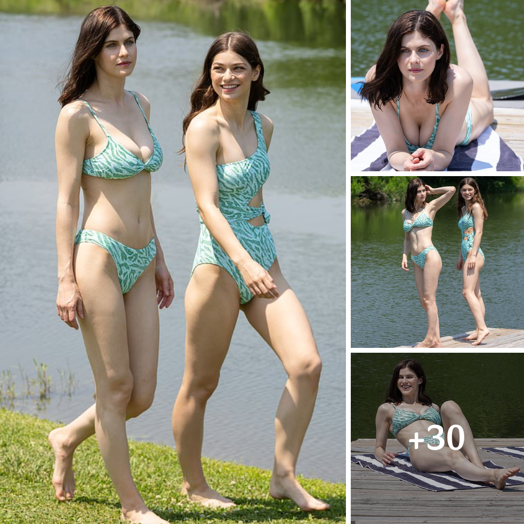 Alexandra Daddario puts on a busty display as she sports matching swimsuits with sister Catharine