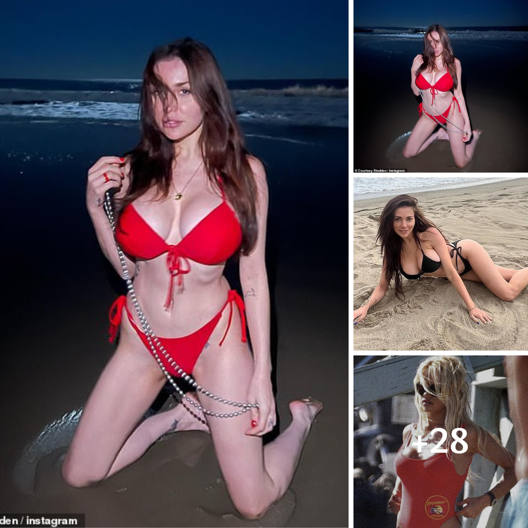 Courtney Stodden, 29, looks like a Baywatch star as she models a red bikini on the beach…. 13 years after she got married at age 16 ‎