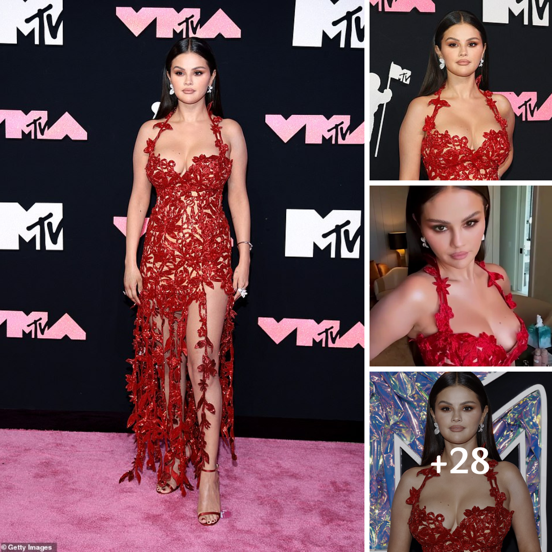 Selena Gomez is red hot in a low-cut  floral gown with a sizzling thigh-high slit as she attends the MTV Video Music Awards 2023