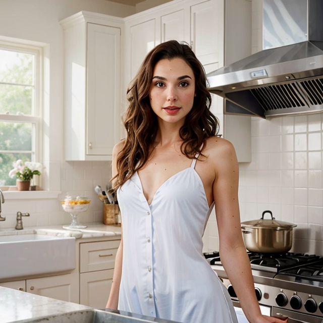 a photo of a beautiful, cute, Gal Gadot cooking in the kitchen Actress Gal Gadot, kitchen, white pajamas, long curly hair, standing behind the counter, blue eyes, shiny skin, freckles, detailed skin, price labels, a masterpiece